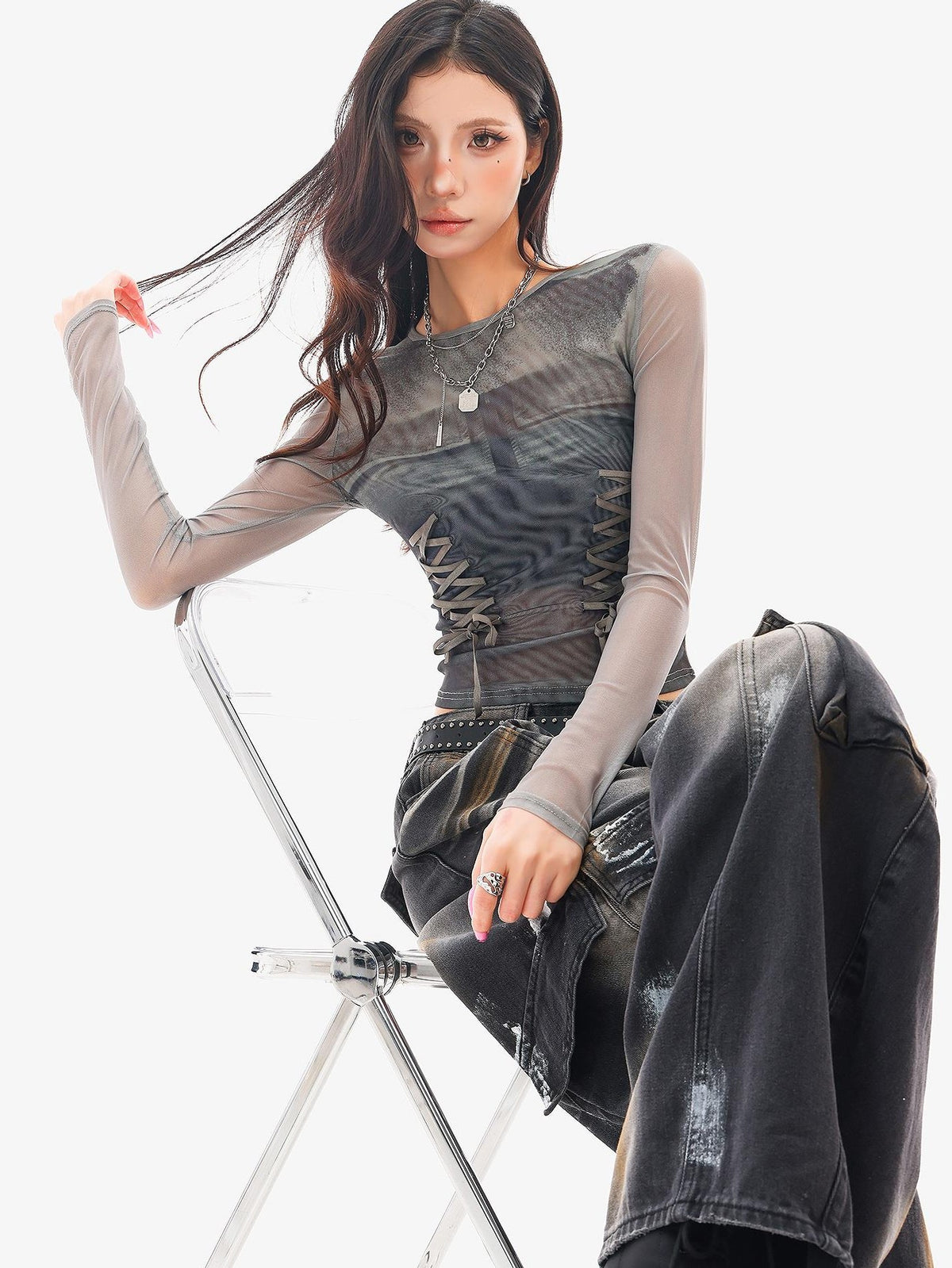 QIUQIU STUDIO Sheer Mesh Digital Print Embroidered Women&