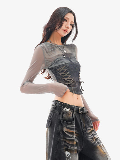 QIUQIU STUDIO Sheer Mesh Digital Print Embroidered Women&