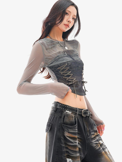 QIUQIU STUDIO Sheer Mesh Digital Print Embroidered Women&