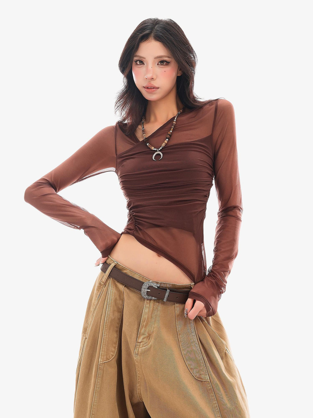 QIUQIU STUDIO Sheer Mesh Faux Two Piece Slim Fit Women&