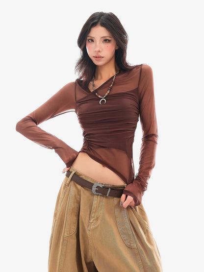 QIUQIU STUDIO Sheer Mesh Faux Two Piece Slim Fit Women&