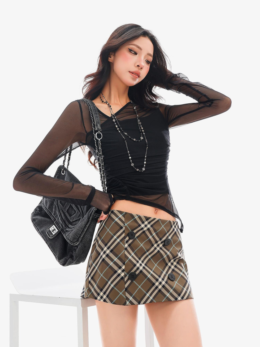 QIUQIU STUDIO Sheer Mesh Layered Slim Fit Women&