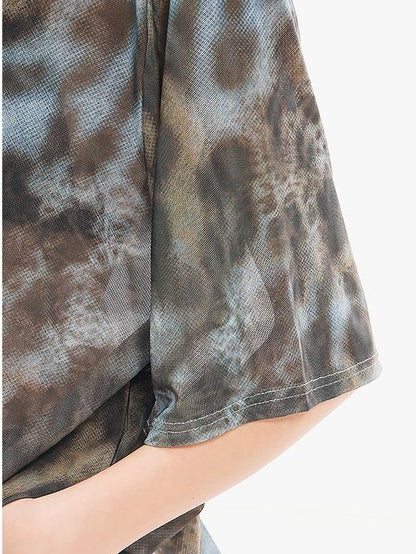 QIUQIU STUDIO Sheer Mesh Tie Dye Leopard Print Short Sleeve Women&