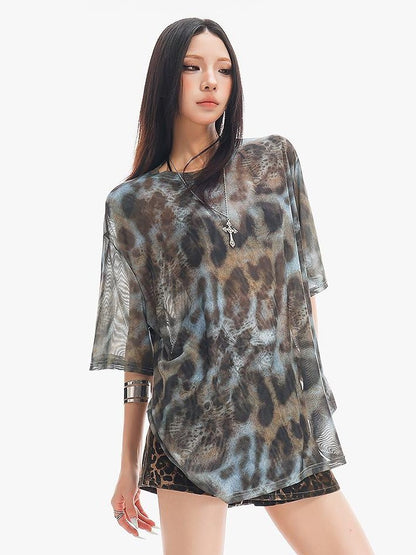 QIUQIU STUDIO Sheer Mesh Tie Dye Leopard Print Short Sleeve Women&