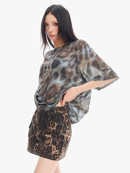 QIUQIU STUDIO Sheer Mesh Tie Dye Leopard Print Short Sleeve Women&