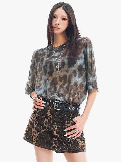QIUQIU STUDIO Sheer Mesh Tie Dye Leopard Print Short Sleeve Women&