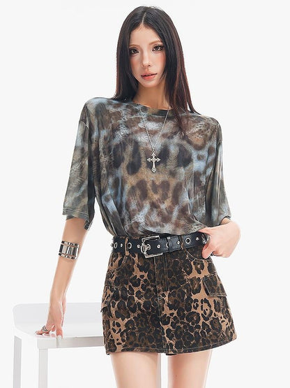 QIUQIU STUDIO Sheer Mesh Tie Dye Leopard Print Short Sleeve Women&