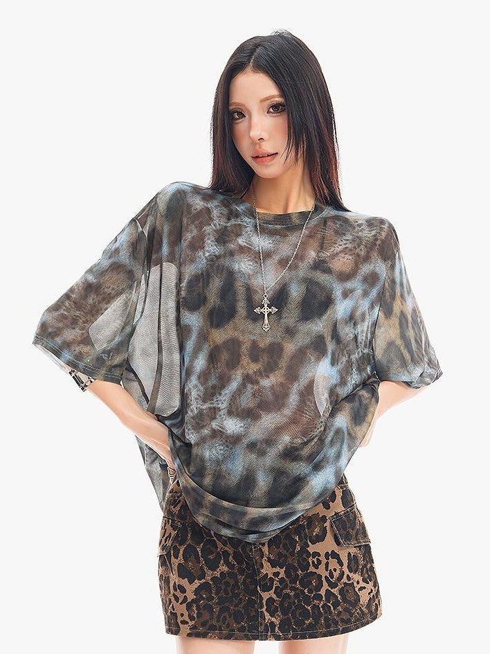 QIUQIU STUDIO Sheer Mesh Tie Dye Leopard Print Short Sleeve Women&