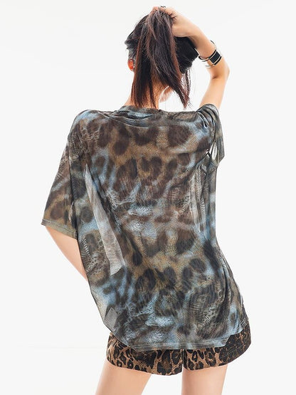 QIUQIU STUDIO Sheer Mesh Tie Dye Leopard Print Short Sleeve Women&
