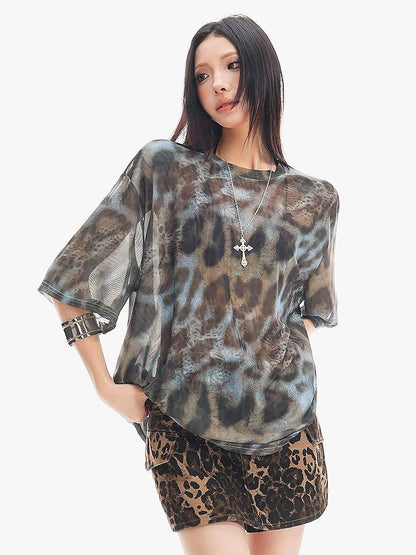 QIUQIU STUDIO Sheer Mesh Tie Dye Leopard Print Short Sleeve Women&