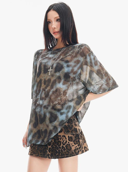 QIUQIU STUDIO Sheer Mesh Tie Dye Leopard Print Short Sleeve Women&