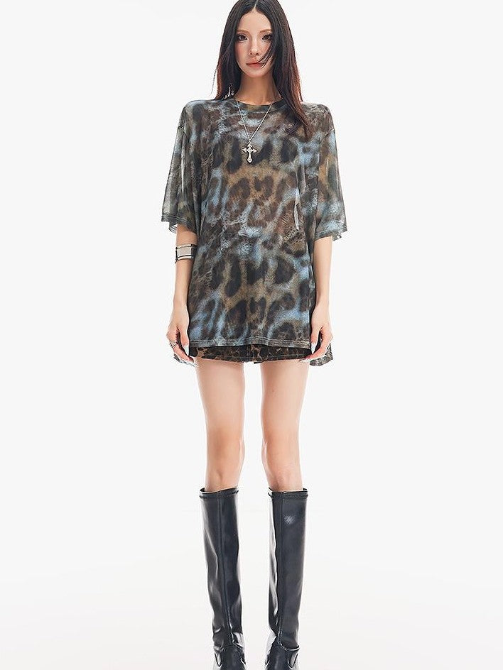 QIUQIU STUDIO Sheer Mesh Tie Dye Leopard Print Short Sleeve Women&