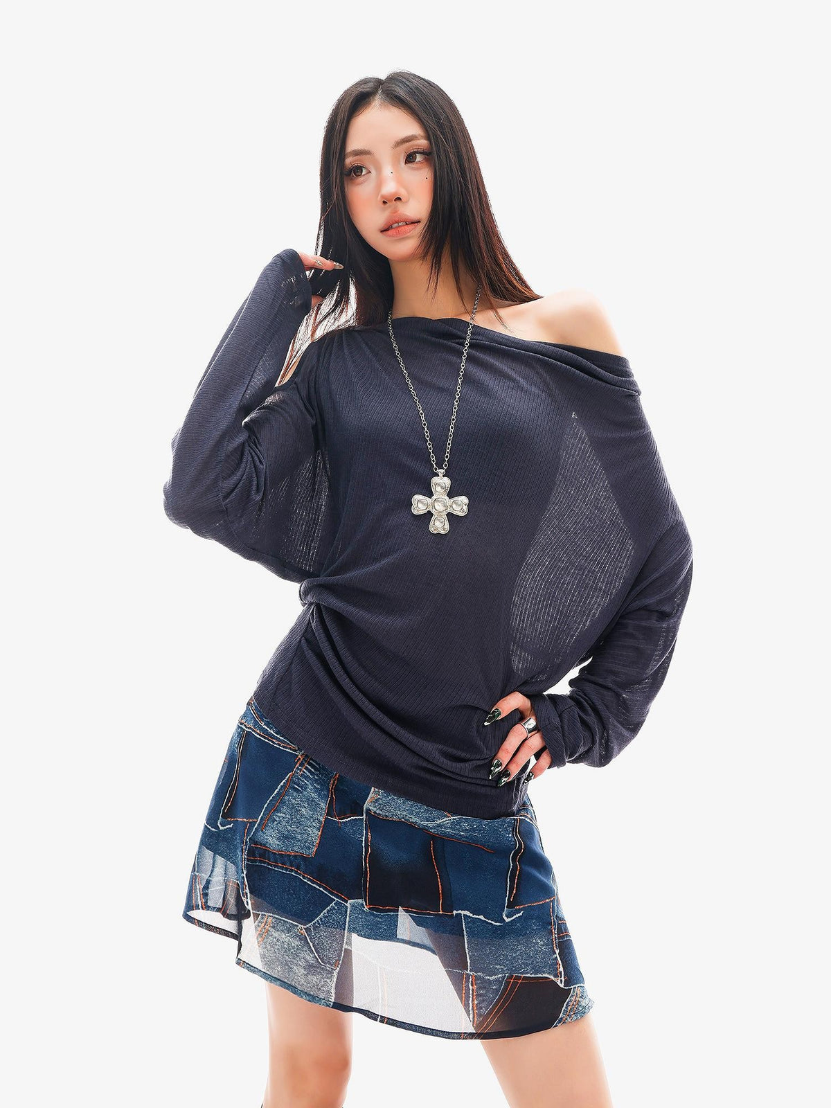 QIUQIU STUDIO Sheer One Shoulder Knit Loose Fit Women&