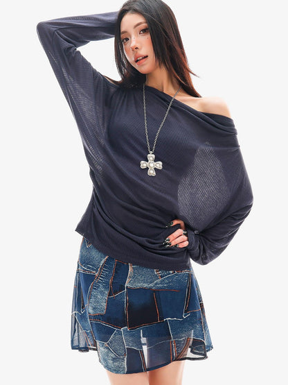 QIUQIU STUDIO Sheer One Shoulder Knit Loose Fit Women&