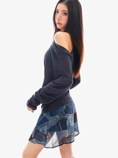 QIUQIU STUDIO Sheer One Shoulder Knit Loose Fit Women&