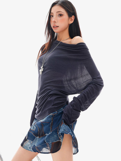 QIUQIU STUDIO Sheer One Shoulder Knit Loose Fit Women&