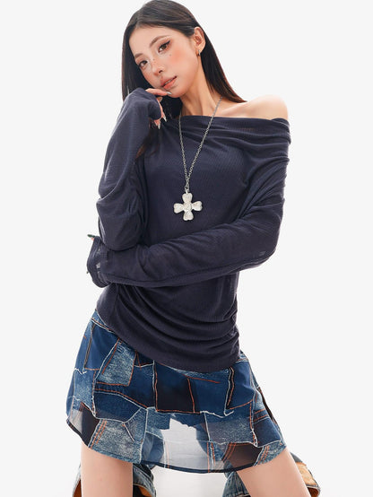 QIUQIU STUDIO Sheer One Shoulder Knit Loose Fit Women&