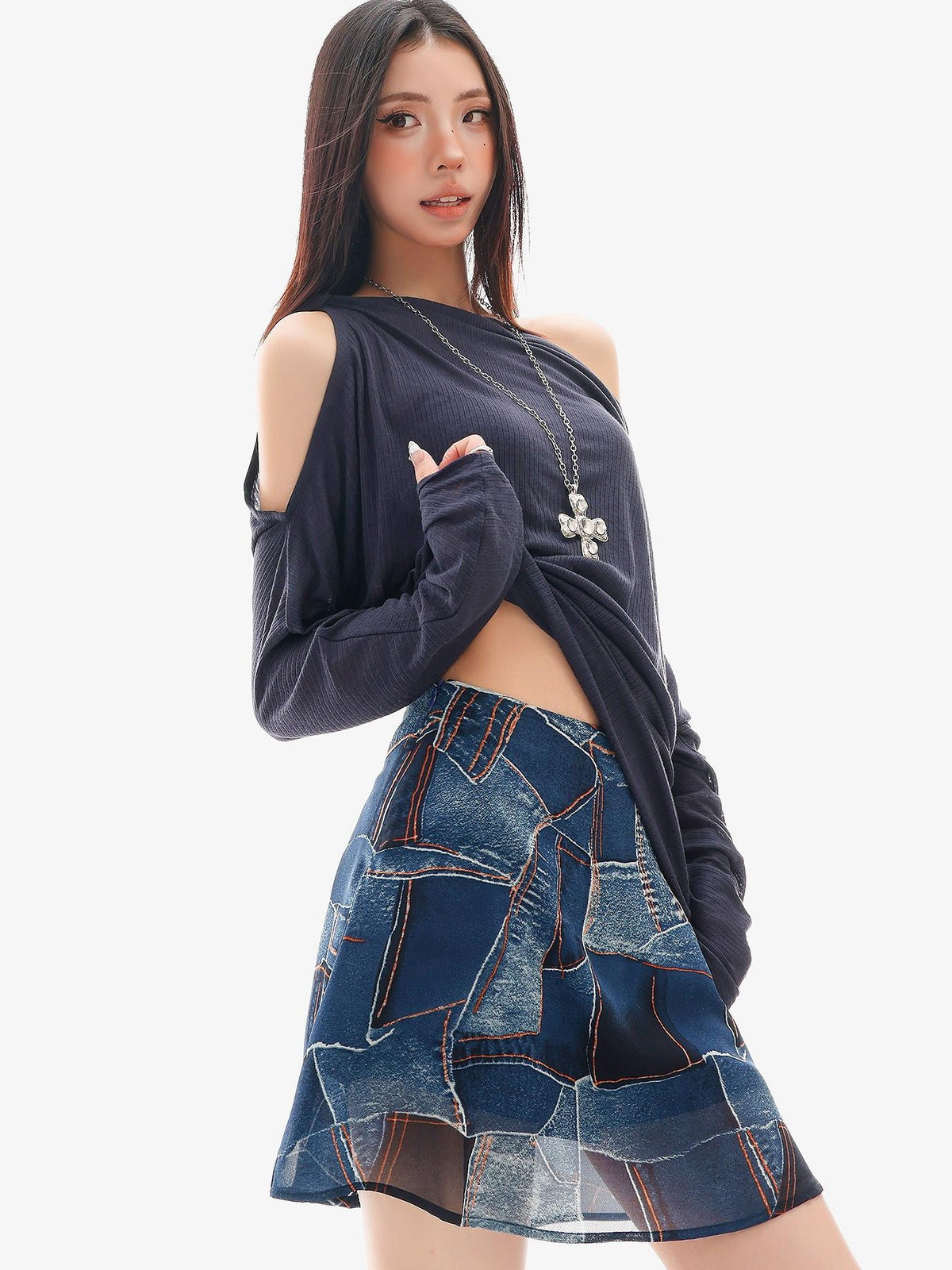 QIUQIU STUDIO Sheer One Shoulder Knit Loose Fit Women&