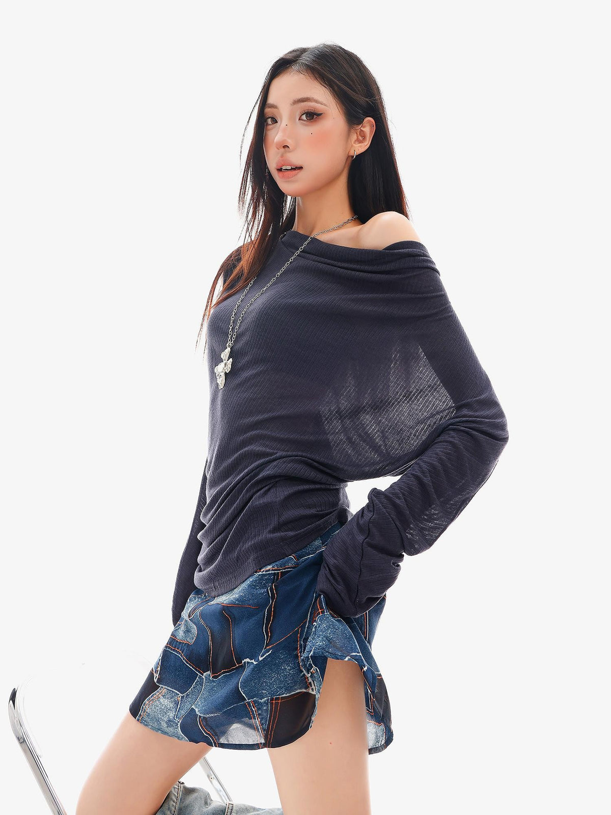 QIUQIU STUDIO Sheer One Shoulder Knit Loose Fit Women&