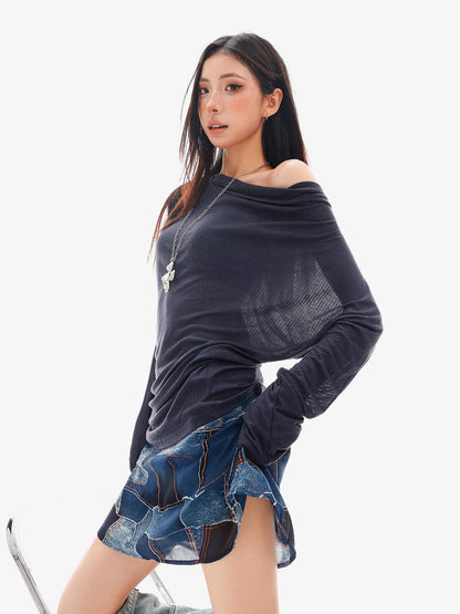 QIUQIU STUDIO Sheer One Shoulder Knit Loose Fit Women&