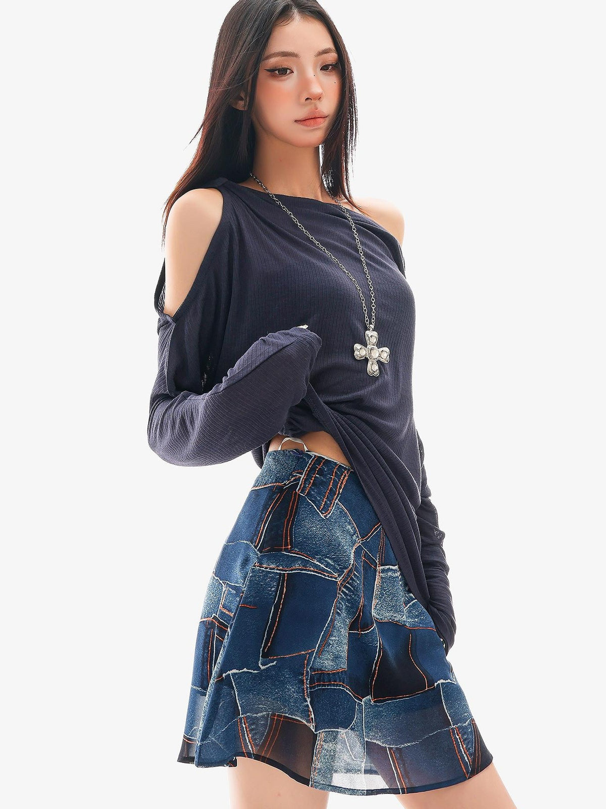 QIUQIU STUDIO Sheer One Shoulder Knit Loose Fit Women&