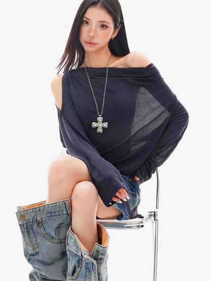 QIUQIU STUDIO Sheer One Shoulder Knit Loose Fit Women&