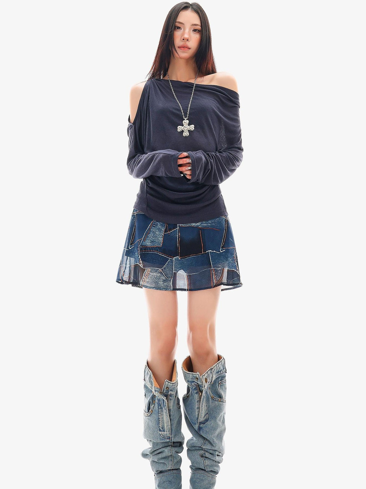 QIUQIU STUDIO Sheer One Shoulder Knit Loose Fit Women&