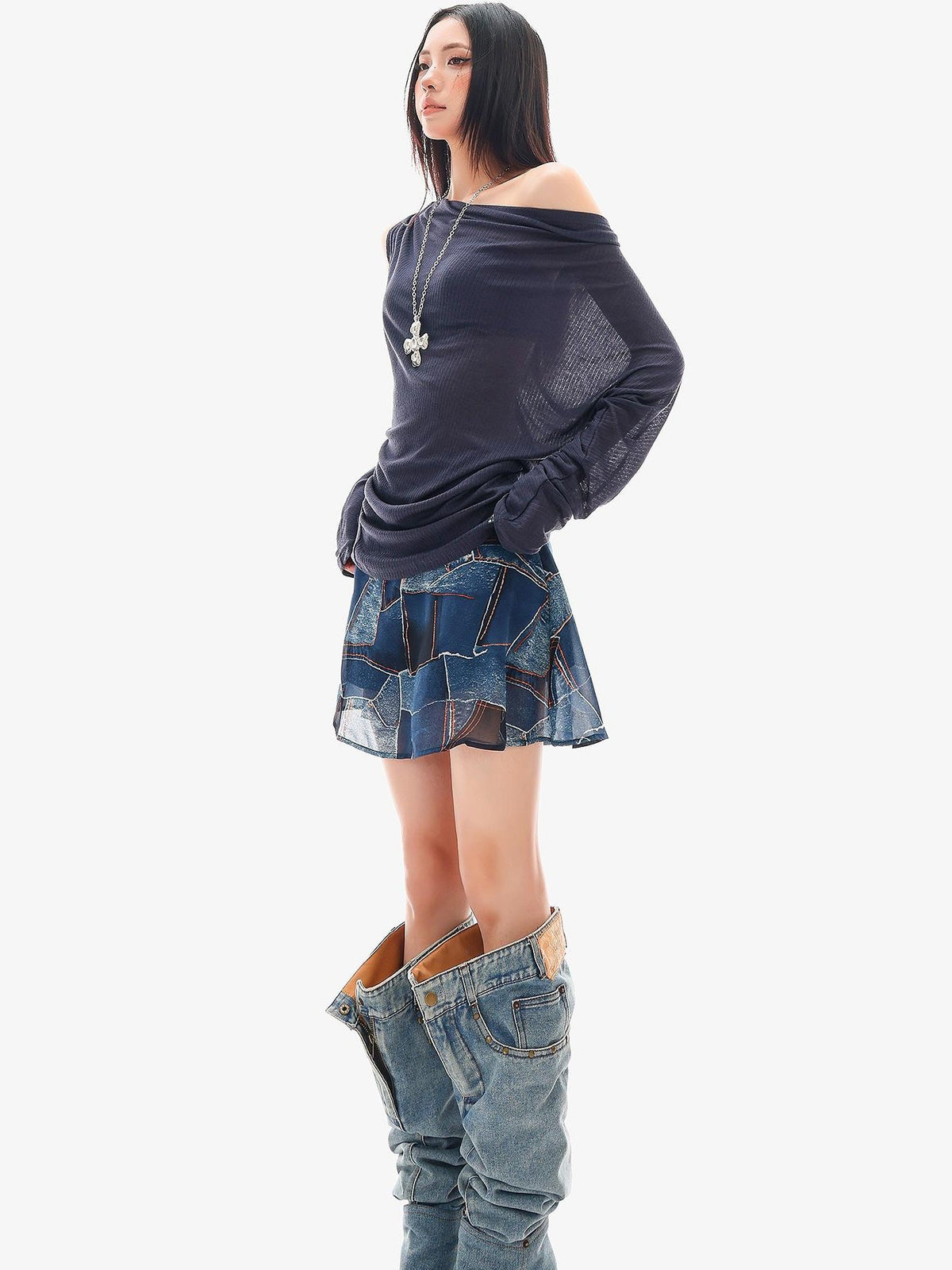 QIUQIU STUDIO Sheer One Shoulder Knit Loose Fit Women&