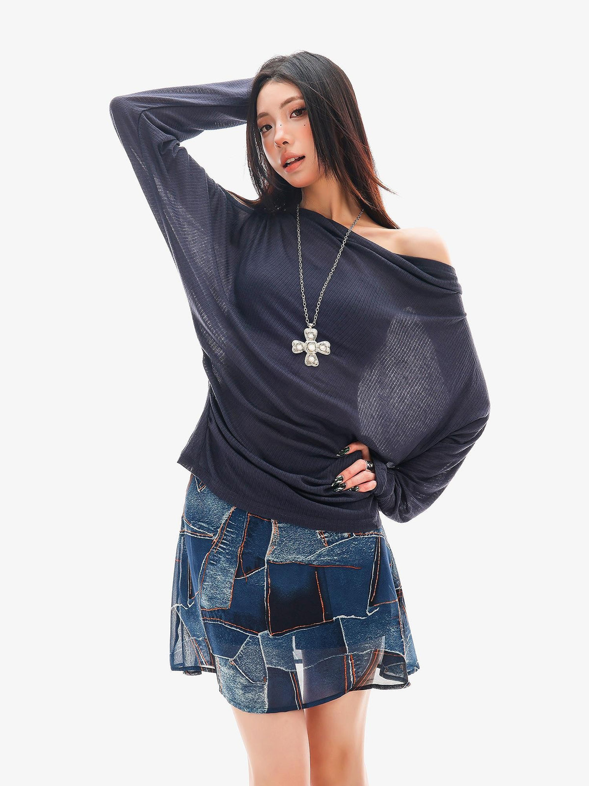 QIUQIU STUDIO Sheer One Shoulder Knit Loose Fit Women&