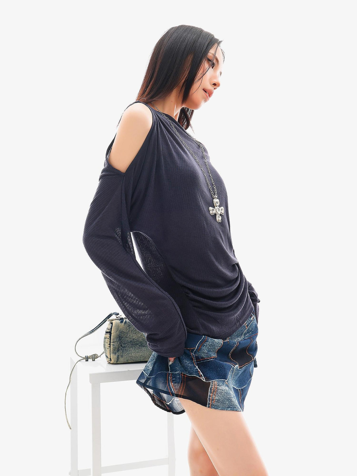 QIUQIU STUDIO Sheer One Shoulder Knit Loose Fit Women&