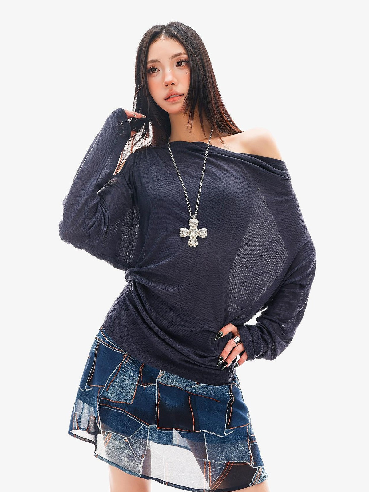 QIUQIU STUDIO Sheer One Shoulder Knit Loose Fit Women&