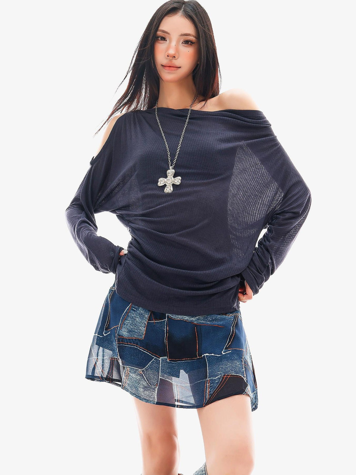 QIUQIU STUDIO Sheer One Shoulder Knit Loose Fit Women&
