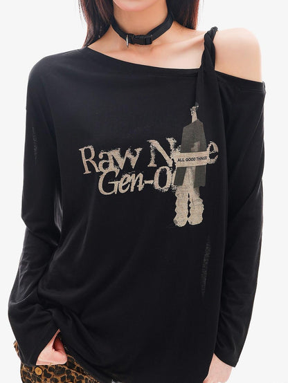 QIUQIU STUDIO Sheer One Shoulder Letter Portrait Print Women&