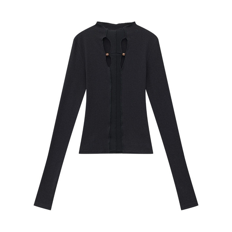 QIUQIU_STUDIO_Sheer_Paneled_Cropped_Slim_Round_Neck_Women&