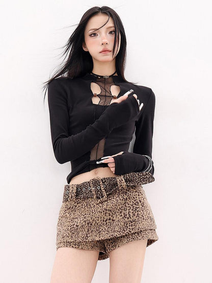 QIUQIU STUDIO Sheer Paneled Cropped Slim Round Neck Women&