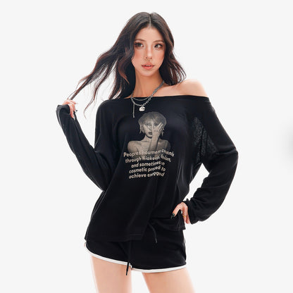 QIUQIU_STUDIO_Sheer_Portrait_Print_Asymmetric_Shoulder_Loose_Women&