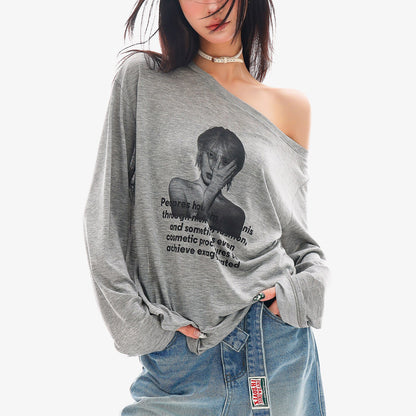 QIUQIU_STUDIO_Sheer_Portrait_Print_Asymmetric_Shoulder_Loose_Women&