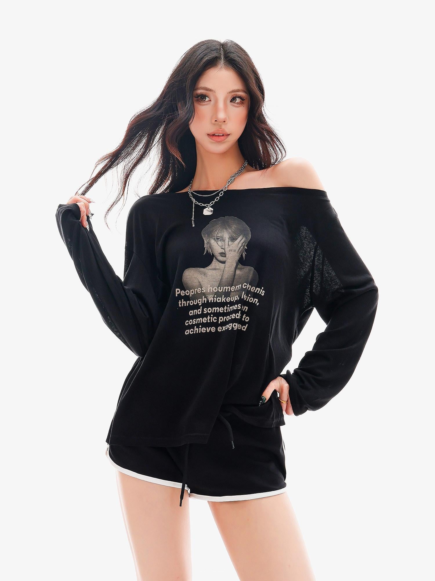 QIUQIU STUDIO Sheer Portrait Print Asymmetric Shoulder Loose Women&
