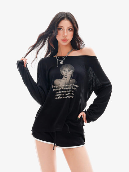 QIUQIU STUDIO Sheer Portrait Print Asymmetric Shoulder Loose Women&