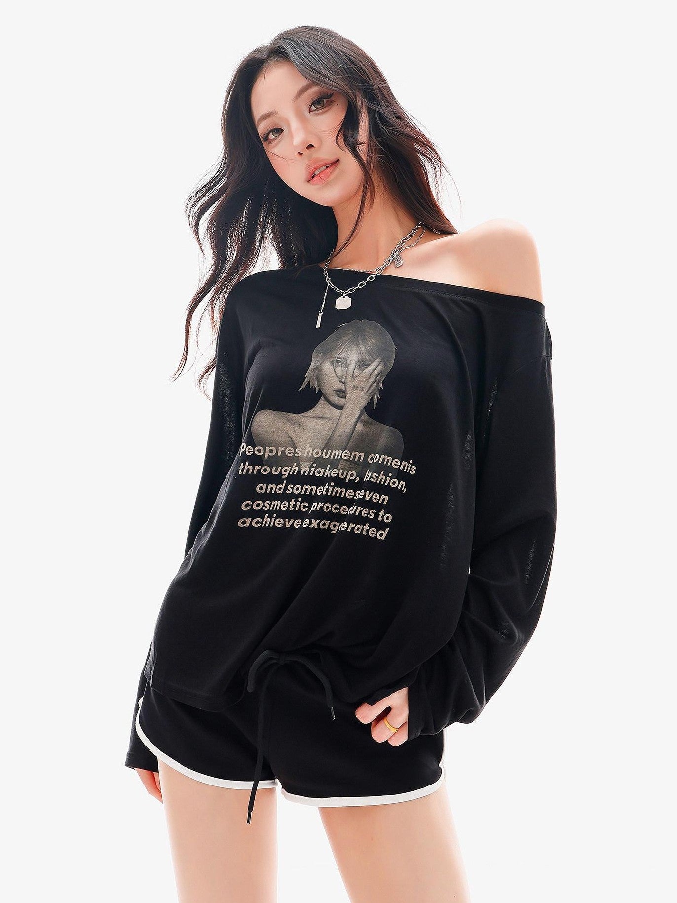 QIUQIU STUDIO Sheer Portrait Print Asymmetric Shoulder Loose Women&