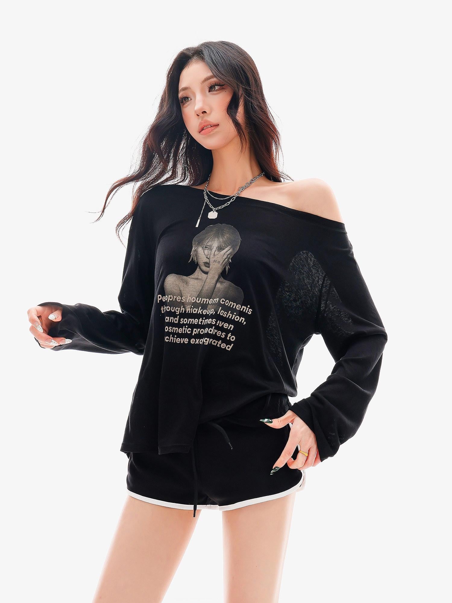 QIUQIU STUDIO Sheer Portrait Print Asymmetric Shoulder Loose Women&