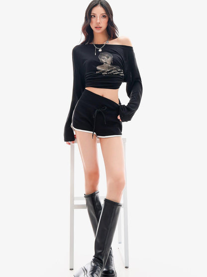 QIUQIU STUDIO Sheer Portrait Print Asymmetric Shoulder Loose Women&