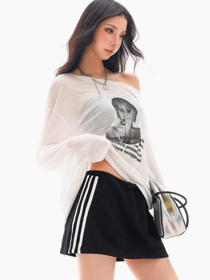 QIUQIU STUDIO Sheer Portrait Print Asymmetric Shoulder Loose Women&