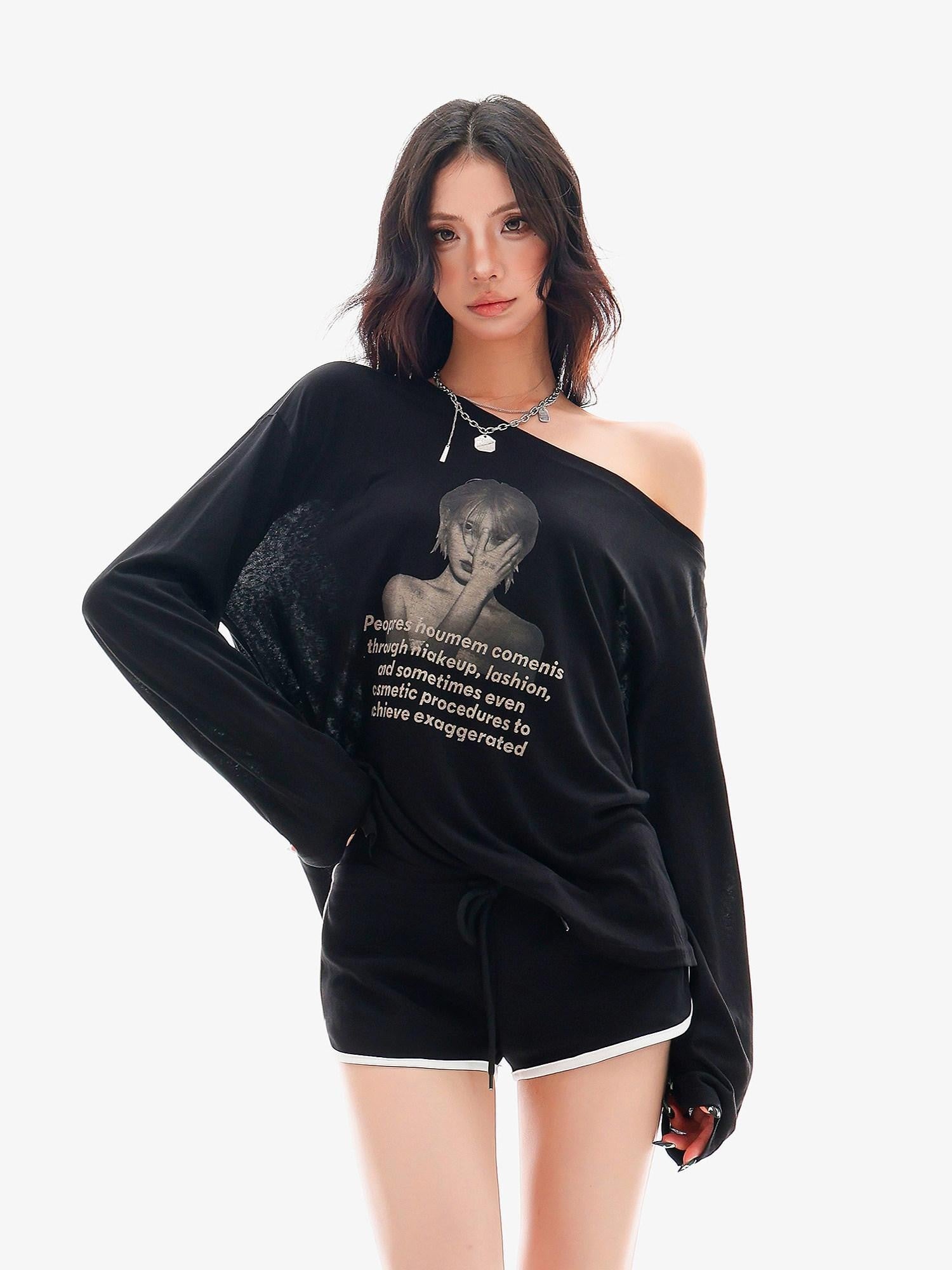 QIUQIU STUDIO Sheer Portrait Print Asymmetric Shoulder Loose Women&
