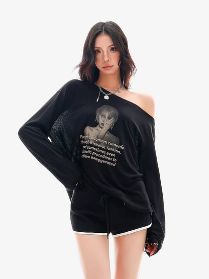 QIUQIU STUDIO Sheer Portrait Print Asymmetric Shoulder Loose Women&