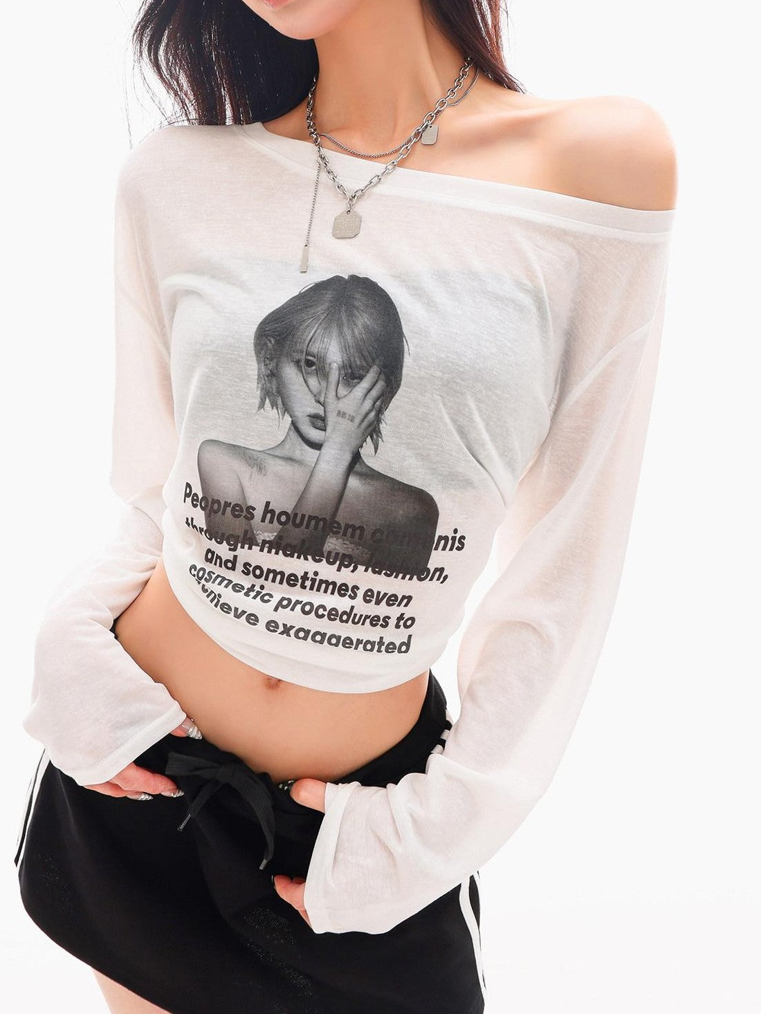 QIUQIU STUDIO Sheer Portrait Print Asymmetric Shoulder Loose Women&