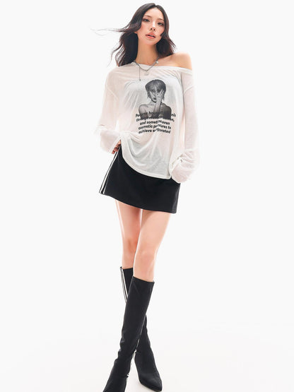 QIUQIU STUDIO Sheer Portrait Print Asymmetric Shoulder Loose Women&