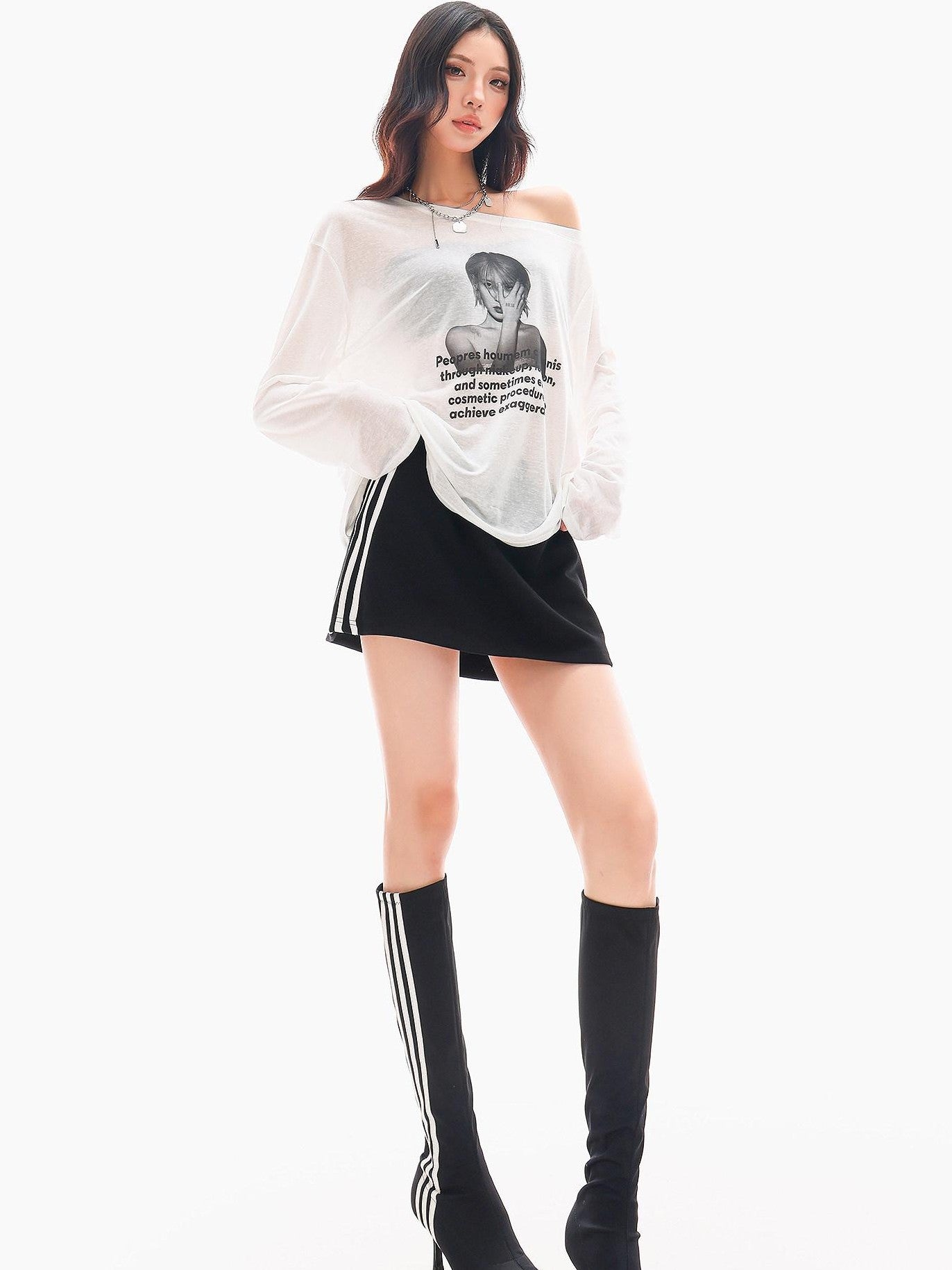 QIUQIU STUDIO Sheer Portrait Print Asymmetric Shoulder Loose Women&