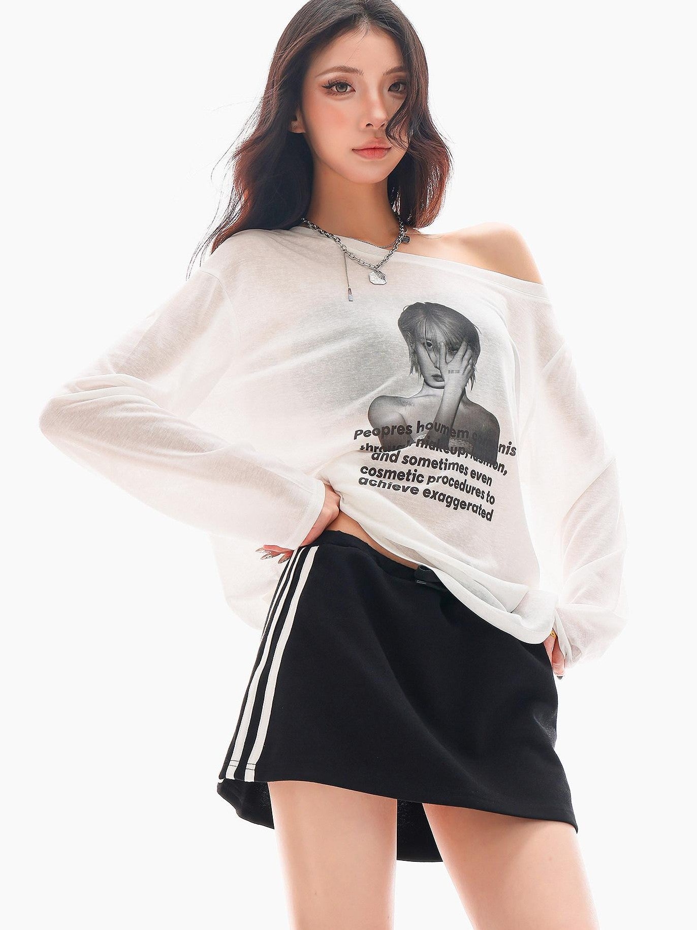 QIUQIU STUDIO Sheer Portrait Print Asymmetric Shoulder Loose Women&