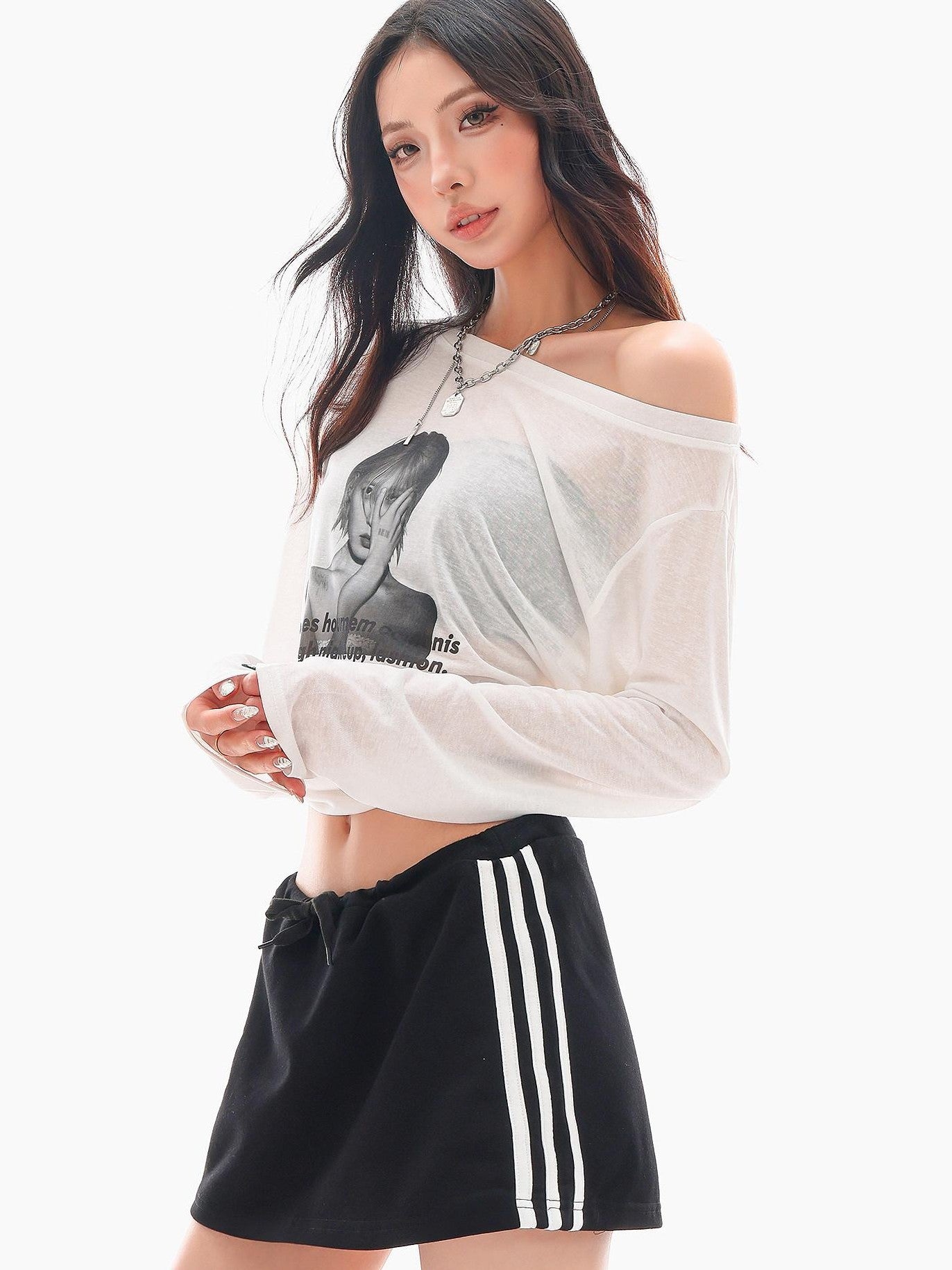 QIUQIU STUDIO Sheer Portrait Print Asymmetric Shoulder Loose Women&